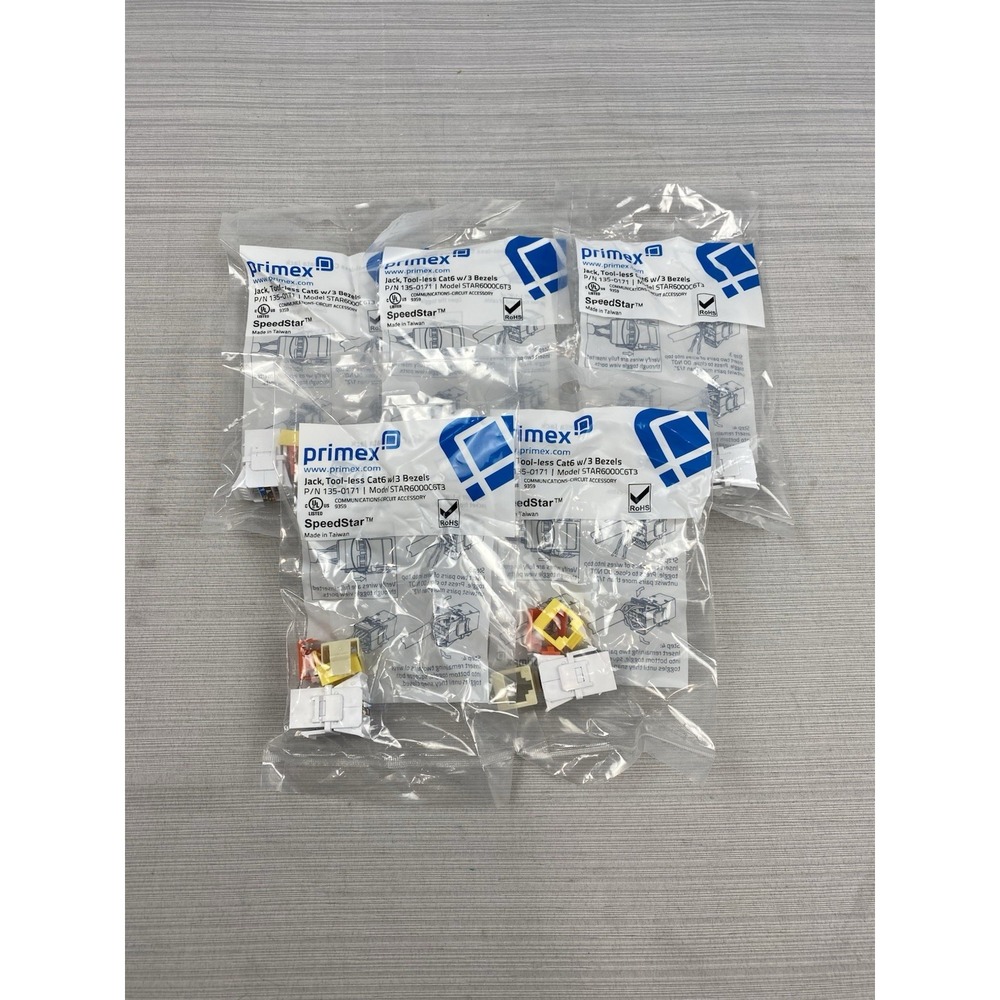 Primex 135-0171 Tool-Less Cat6 3 Bezels RJ45 Speed Star Keystone Jacks 5pack